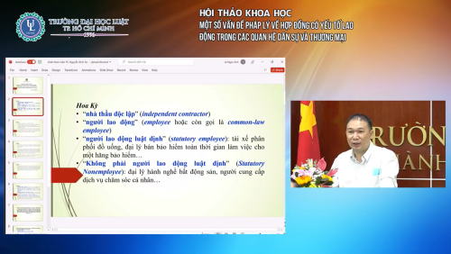 TS.LS Nguyễn Bình An trình bày tại Hội thảo khoa học “Một số vấn đề pháp lý về hợp đồng có yếu tố lao động trong các quan hệ dân sự, thương mại”