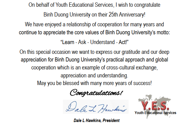 Youth Educational Services (Y.E.S.), Hoa Kỳ chúc mừng 25 năm thành lập Trường