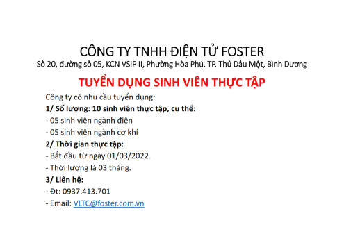 Công ty điện tử Foster tuyển dụng