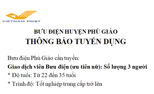 Bưu điện huyện Phú Giáo tuyển dụng